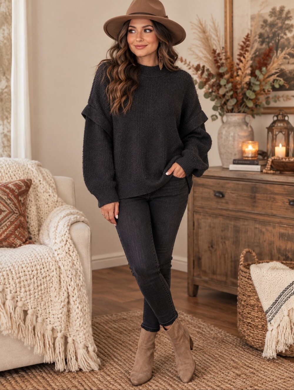 Terra & Sky Womens Black Knit Layered Sleeve Crewneck Sweater 2X Cozy Boho Chic